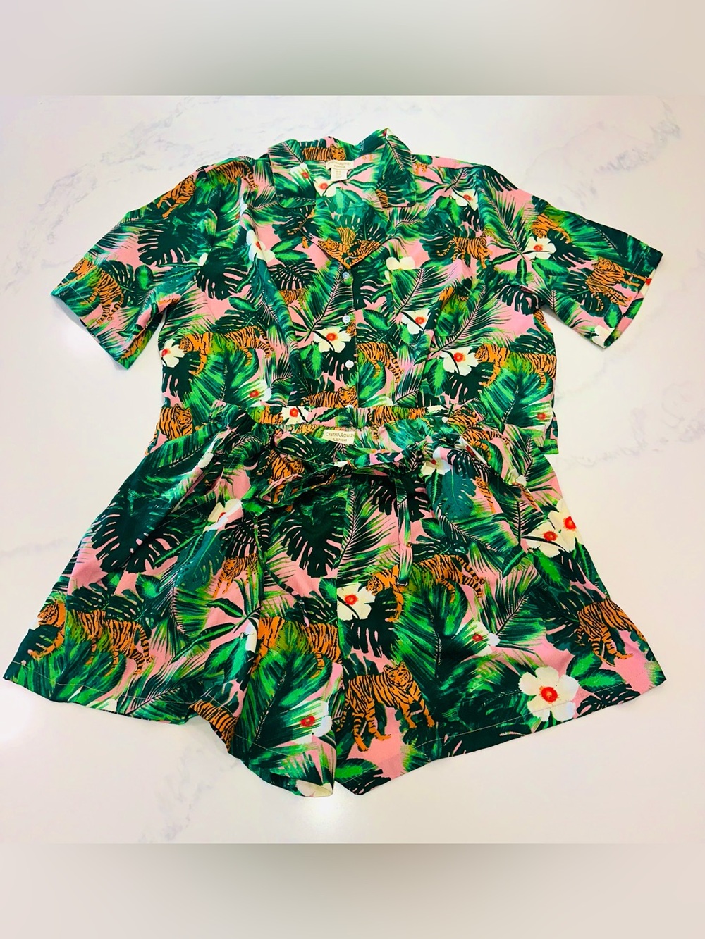 CYNTHIA ROWLEY SIZE XL~WOMEN’S TIGER JUNGLE PRINT PAJAMA SHORT TOP SET TROPICAL - Picture 11 of 16